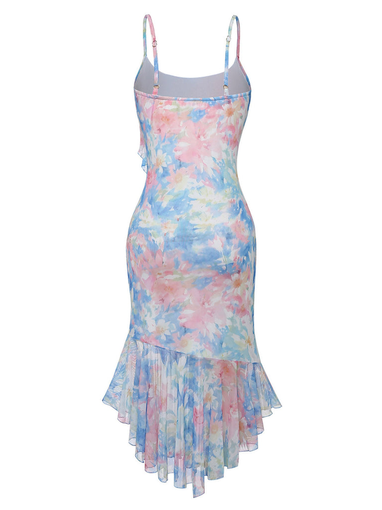 Robe Bretelles Spaghetti Sirène Floral Volant Ourlet Bleu Années 1930 3