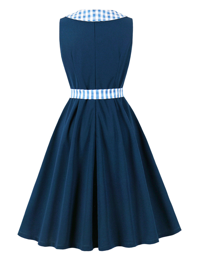 Robe Marine Vichy Col Claudine Ceinturé Évasé Années 1950 3