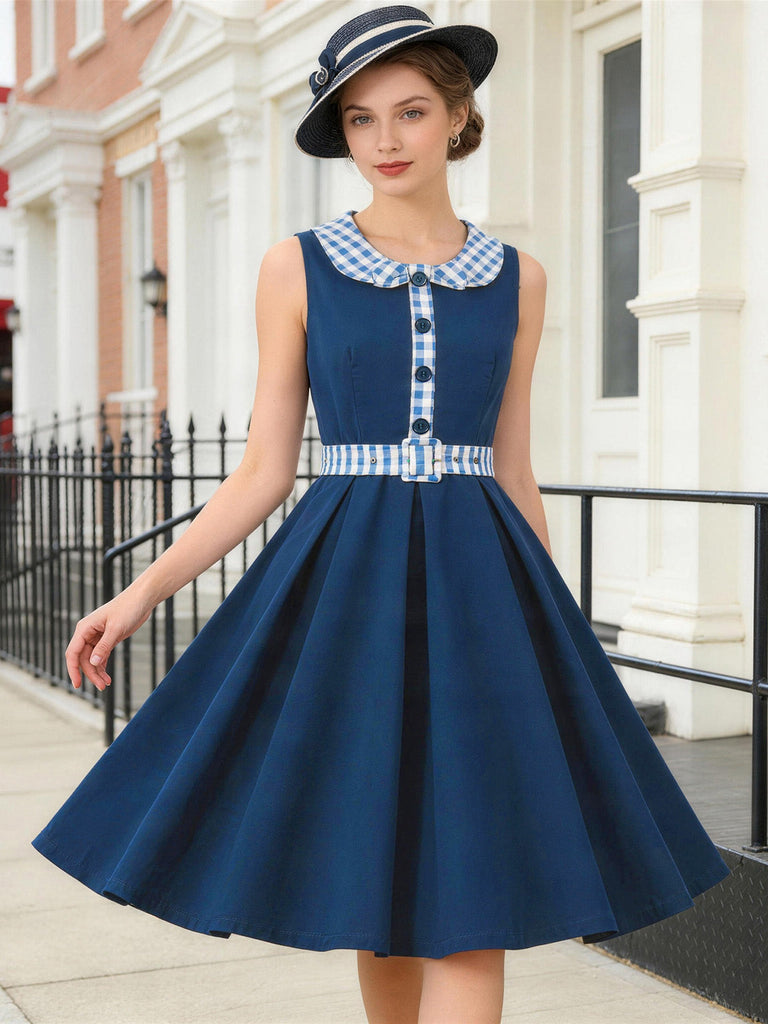 Robe Marine Vichy Col Claudine Ceinturé Évasé Années 1950 2
