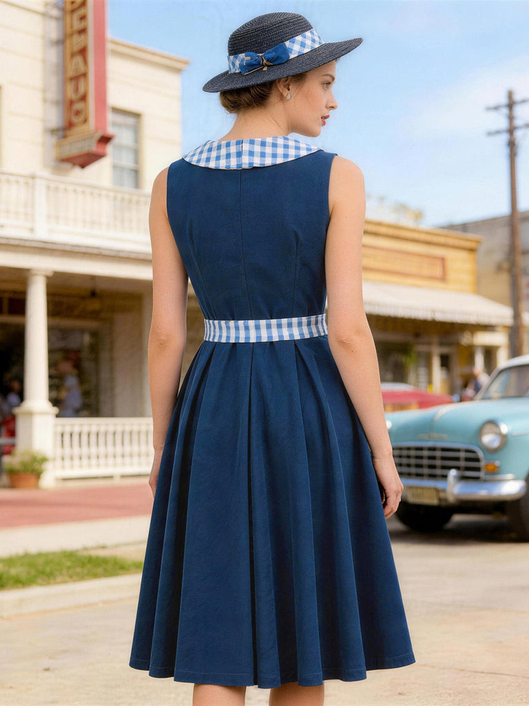 Robe Marine Vichy Col Claudine Ceinturé Évasé Années 1950 4