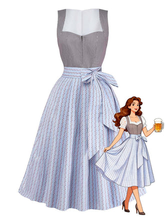 Robe Marron Rayé Col Carré & Floral Apron Années 1950