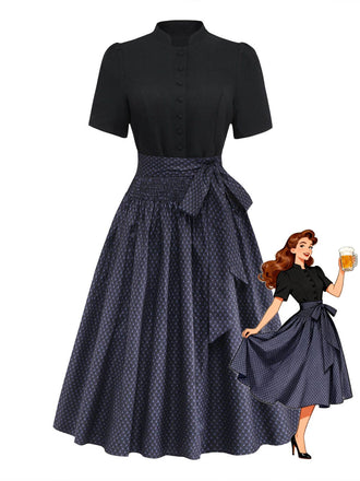 2PCS Robe à Col Montant et Tablier Floral Noir Années 1950