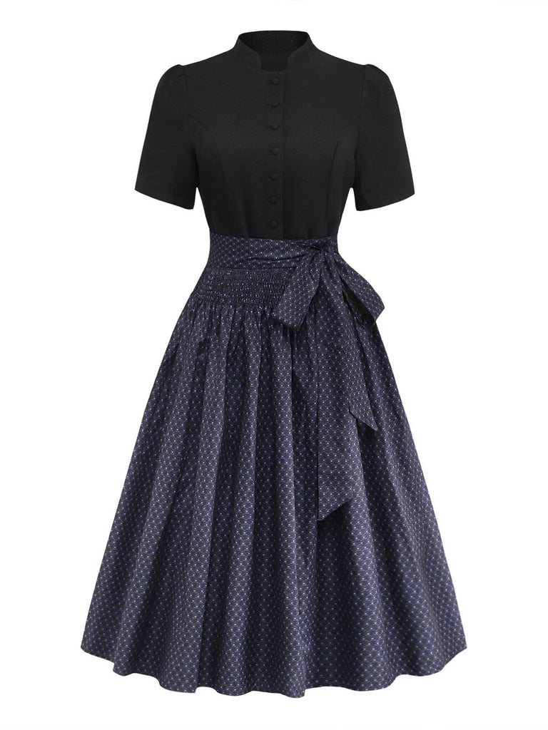2PCS Robe à Col Montant et Tablier Floral Noir Années 1950