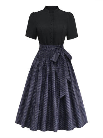 2PCS Robe à Col Montant et Tablier Floral Noir Années 1950