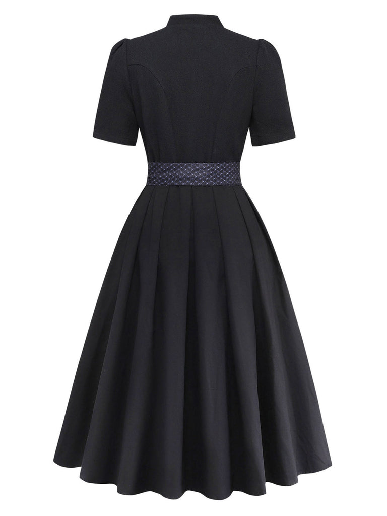 2PCS Robe à Col Montant et Tablier Floral Noir Années 1950