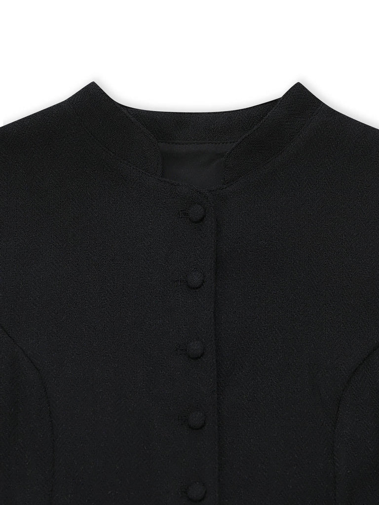 2PCS Robe à Col Montant et Tablier Floral Noir Années 1950