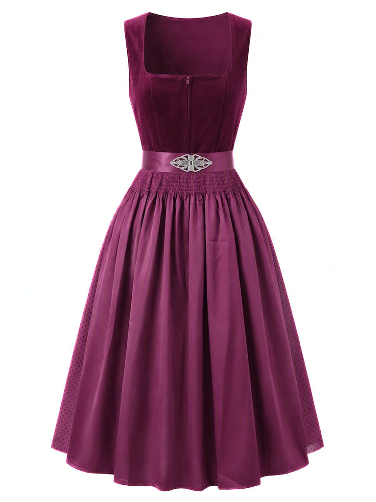 Robe à Col Carré en Velours à Pois et Tablier et Top en Dentelle Prune Années 1950