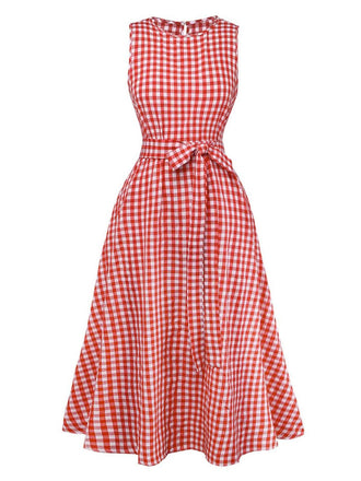Robe Rouge Vichy Sans Manches Évasé Années 1950 2