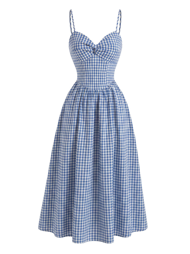 Robe à Bretelles Spaghetti Carreaux Vichy Bleue Années 40