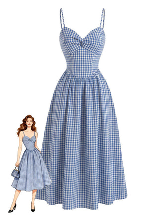 Robe à Bretelles Spaghetti Carreaux Vichy Bleue Années 40