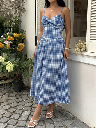 Robe à Bretelles Spaghetti Carreaux Vichy Bleue Années 40
