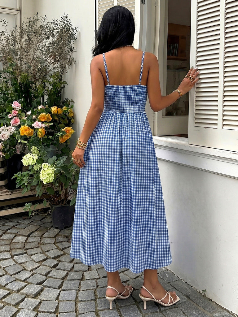Robe à Bretelles Spaghetti Carreaux Vichy Bleue Années 40