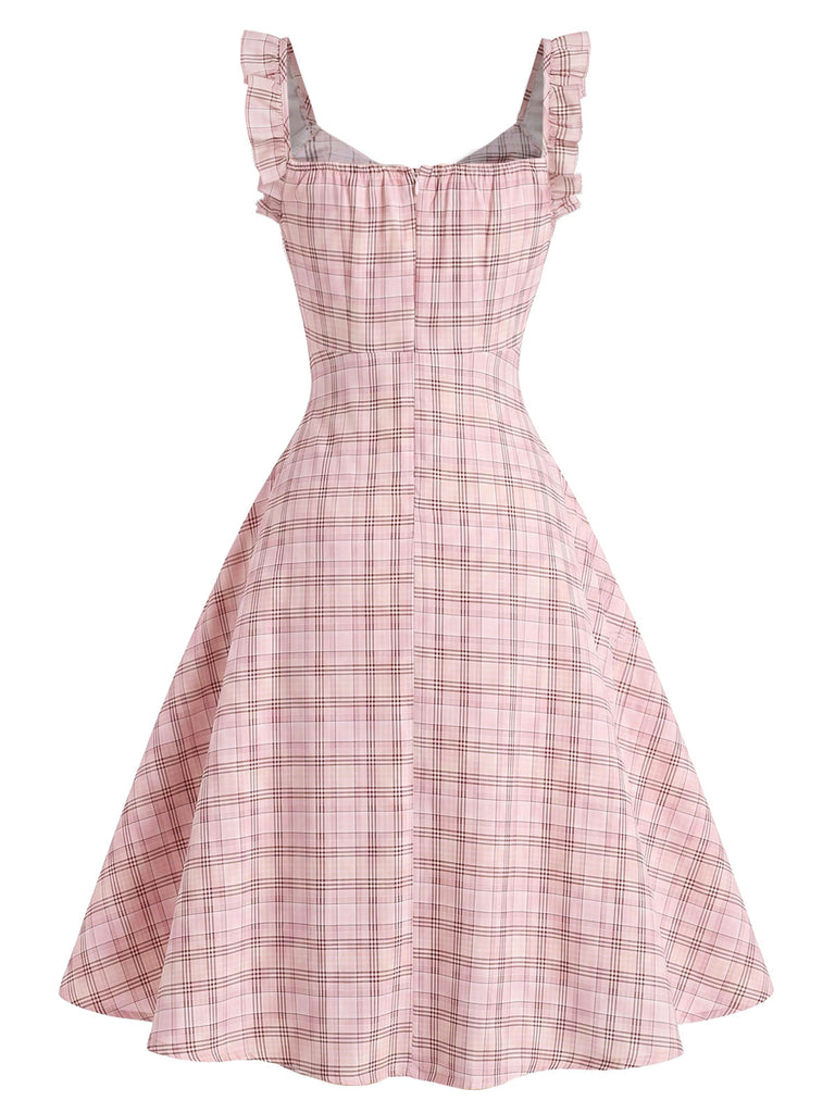 Robe Bretelle à Volants Carreaux Rose Années 50