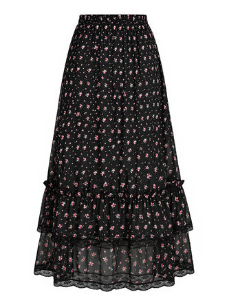 [Prévente] Robe Floral à Volants Étagés Dentelle Petites Fleurs Noir Années 1950