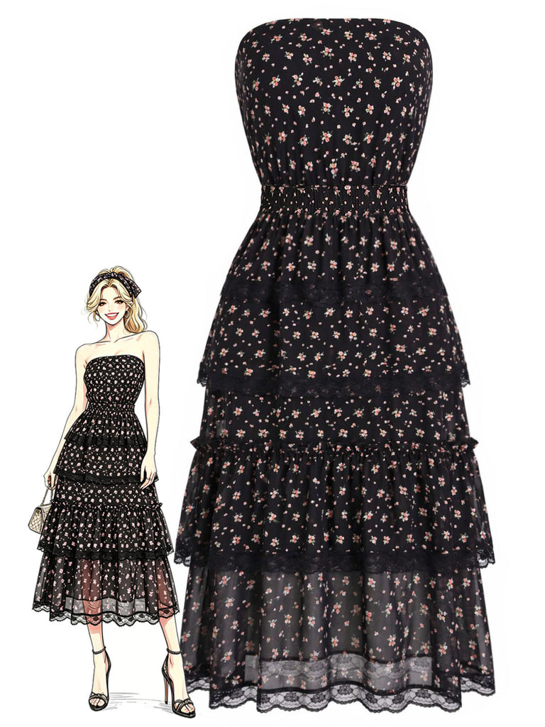 [Prévente] 3PCS Floral Dentelle Longue Petites Fleurs Mini Noir Années 1950 3