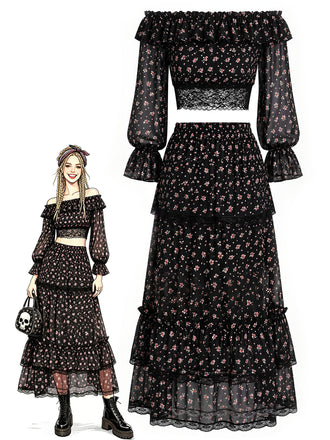 [Prévente] 3PCS Floral Dentelle Longue Petites Fleurs Mini Noir Années 1950