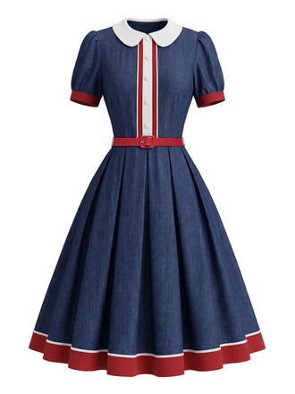 [Prévente] Robe Marine Col Claudine Manches Bouffantes Évasé Années 1950
