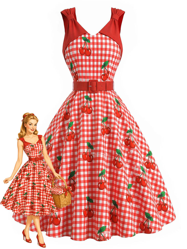 [Prévente] Robe Évasée Rouge Vichy Cerises avec Bretelles à Nœud Années 1950