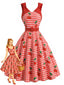 [Prévente] Robe évasée rouge motif vichy et cerises bretelles nœuds années 50