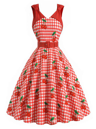 [Prévente] Robe Évasée Rouge Vichy Cerises avec Bretelles à Nœud Années 1950 2