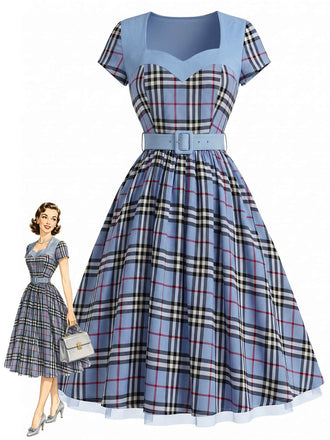 [Prévente] Robe à Carreaux Ceinturée Col Cœur Patchwork Années 1940