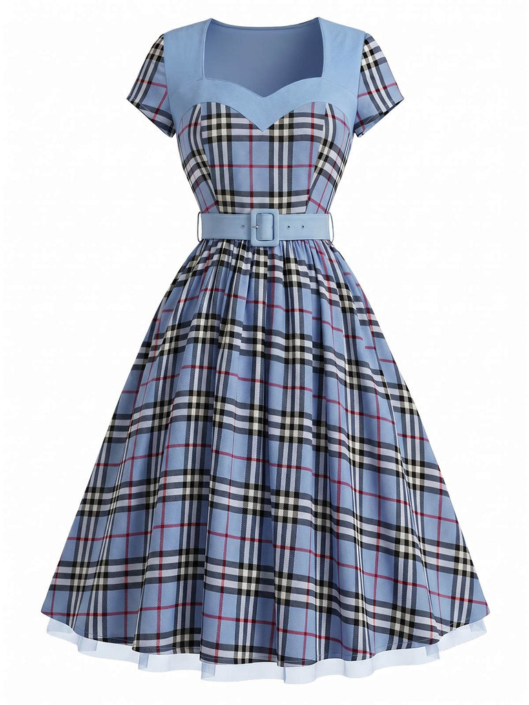 [Prévente] Robe à Carreaux Ceinturée Col Cœur Patchwork Années 1940 2