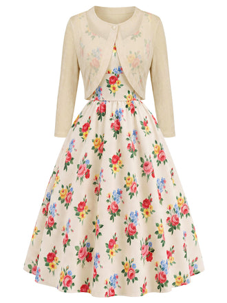 [Prévente] 2PCS Crème Boléro Cardigan et Floral Robe Années 1940