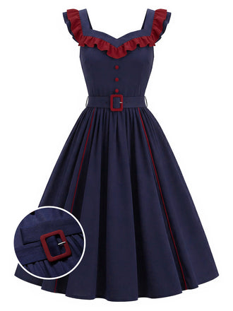 [Prévente] Robe Bleu Foncé Volant Col V Ceinturé Ligne A Années 1980 2