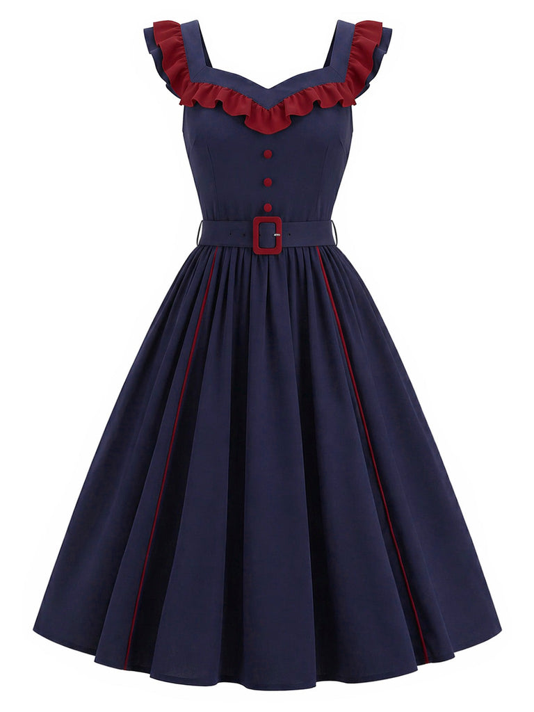[Prévente] Robe Bleu Foncé Volant Col V Ceinturé Ligne A Années 1980 3