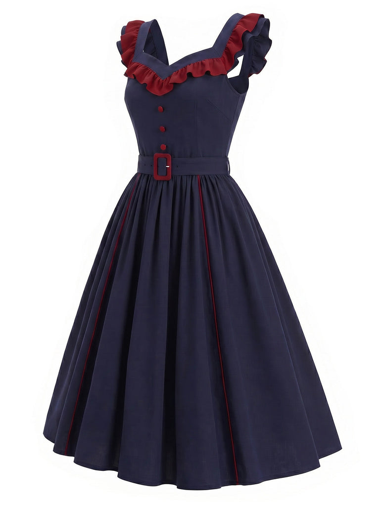 [Prévente] Robe Bleu Foncé Volant Col V Ceinturé Ligne A Années 1980 4