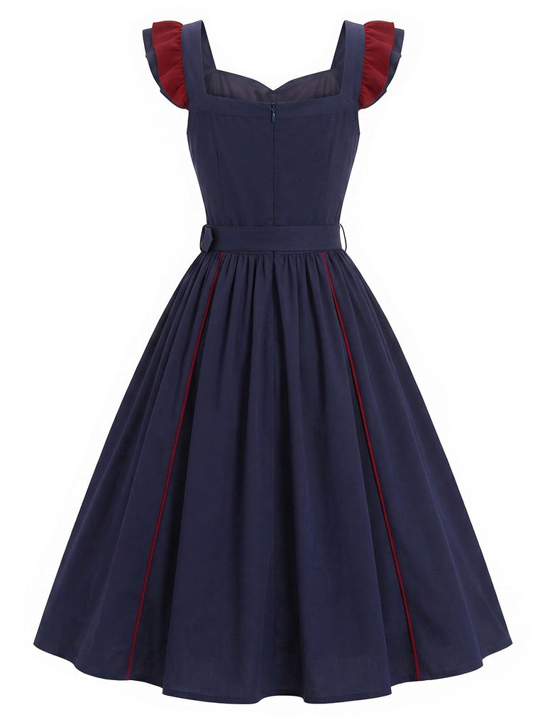 [Prévente] Robe Bleu Foncé Volant Col V Ceinturé Ligne A Années 1980 5