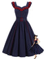 [Prévente] Robe trapèze bleu foncé col V volanté et ceinture années 50