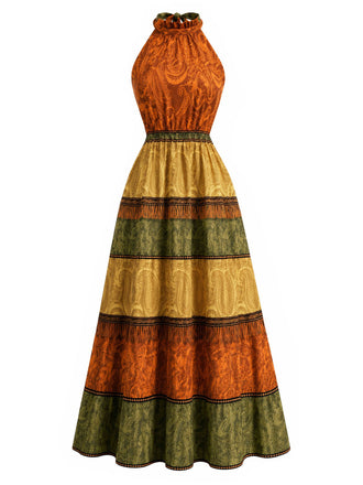 [Prévente] Robe à Volants Étagés Halter Colorblock Paisley Moutarde Années 1970