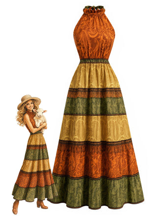 [Prévente] Robe à Volants Étagés Halter Colorblock Paisley Moutarde Années 1970