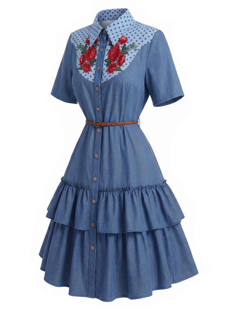 [Prévente] Robe Western Bleu Foncé Rose à Volants Étagés Denim Années 1960 3