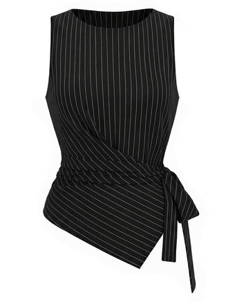 [Prévente] Top Asymétrique Sans Manches Tricoté à Fines Rayures Noir Années 1930