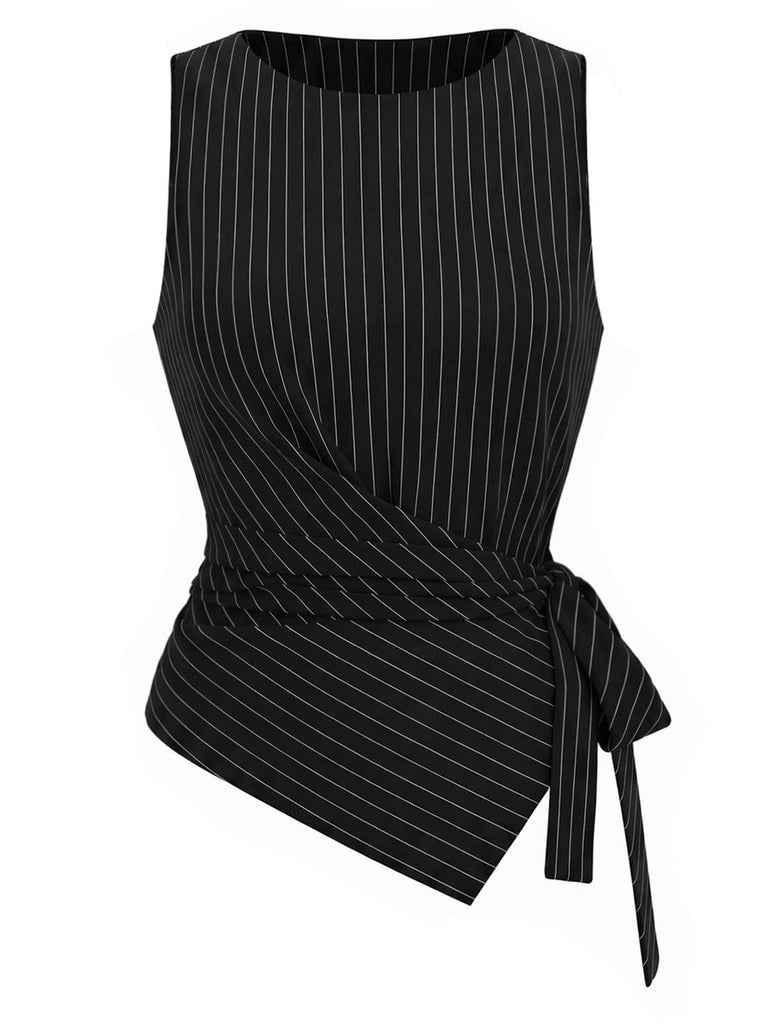 [Prévente] Top Asymétrique Tricoté à Fines Rayures et Pantalon à Jambes Larges Noir Années 1930