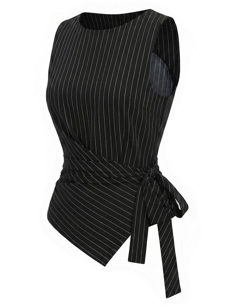 [Prévente] Top Asymétrique Sans Manches Tricoté à Fines Rayures Noir Années 1930
