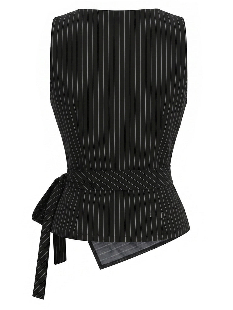 [Prévente] Top Asymétrique Sans Manches Tricoté à Fines Rayures Noir Années 1930