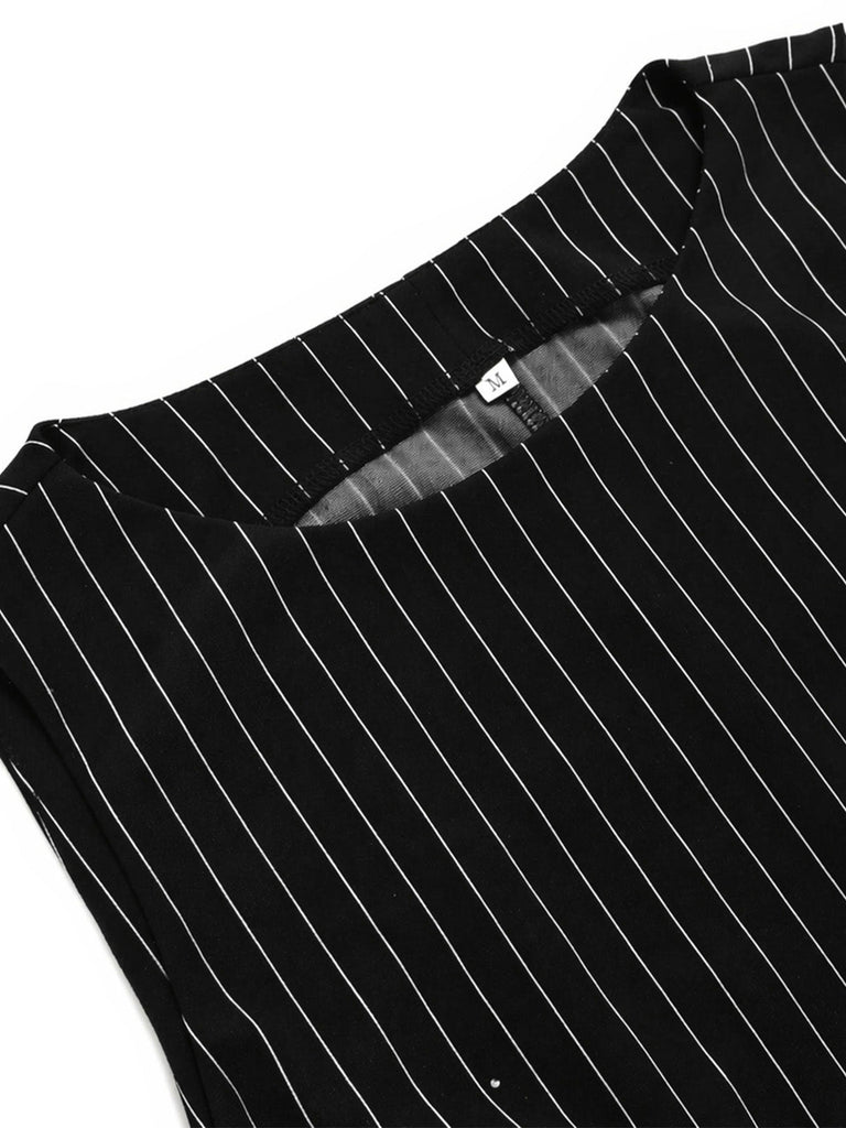 [Prévente] Top Asymétrique Tricoté à Fines Rayures et Pantalon à Jambes Larges Noir Années 1930