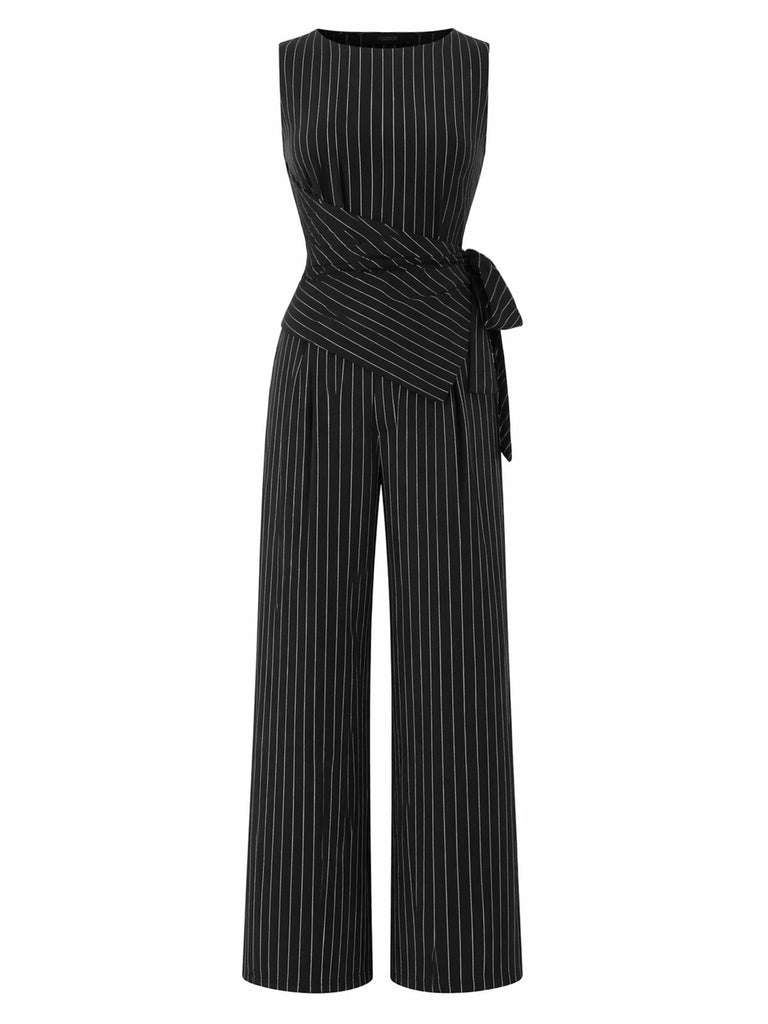 [Prévente] Top Asymétrique Tricoté à Fines Rayures et Pantalon à Jambes Larges Noir Années 1930
