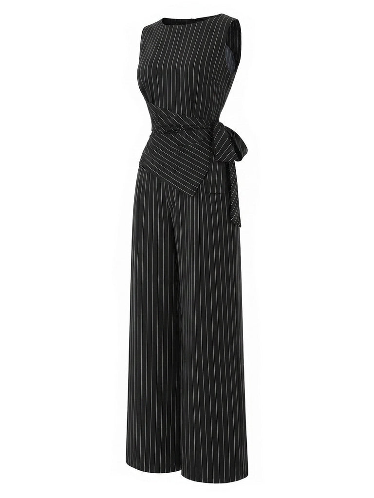[Prévente] Top Asymétrique Tricoté à Fines Rayures et Pantalon à Jambes Larges Noir Années 1930