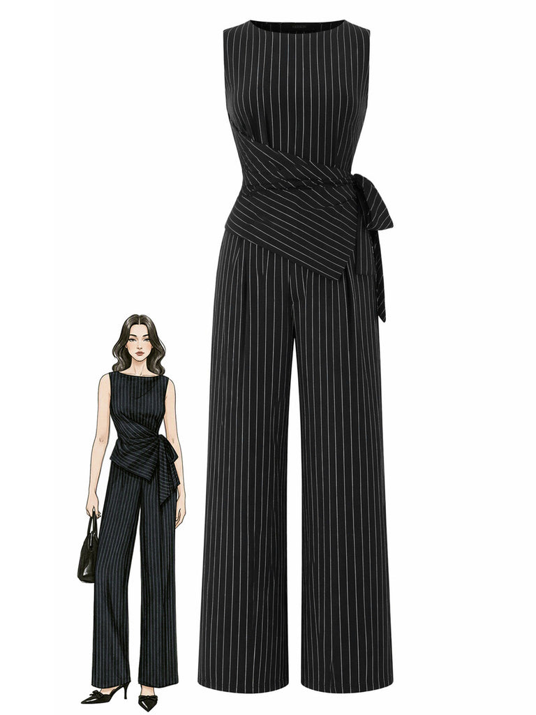 [Prévente] Top Asymétrique Tricoté à Fines Rayures et Pantalon à Jambes Larges Noir Années 1930