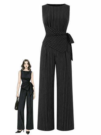 [Prévente] Top Asymétrique Tricoté à Fines Rayures et Pantalon à Jambes Larges Noir Années 1930