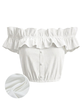 [Prévente] Crop Top Blanc Épaules Dénudées à Volants Années 1950