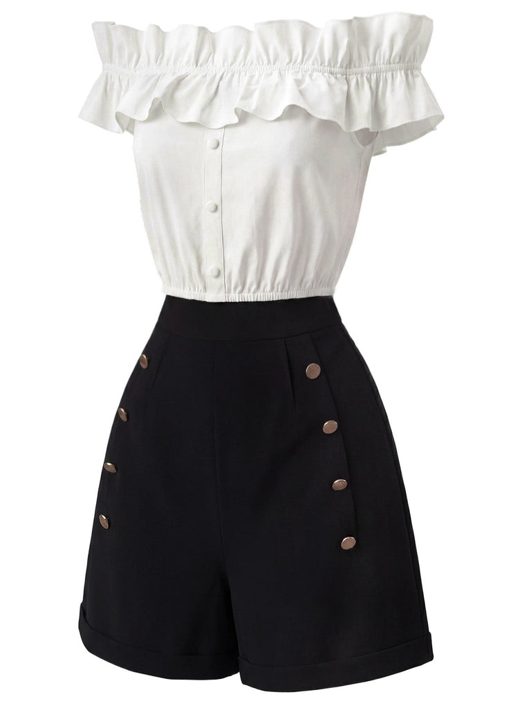 [Prévente] 2PCS Crop Top Épaules Dénudées à Volants Boutonné & Short Années 1950 3