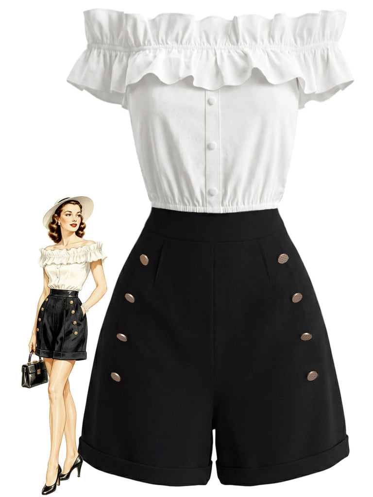 [Prévente] 2PCS Crop Top Épaules Dénudées à Volants Boutonné & Short Années 1950