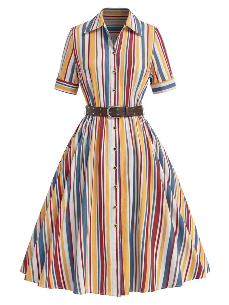 [Prévente] Robe Chemise à Rayures Verticales avec Boutons et Ceinture Années 1930