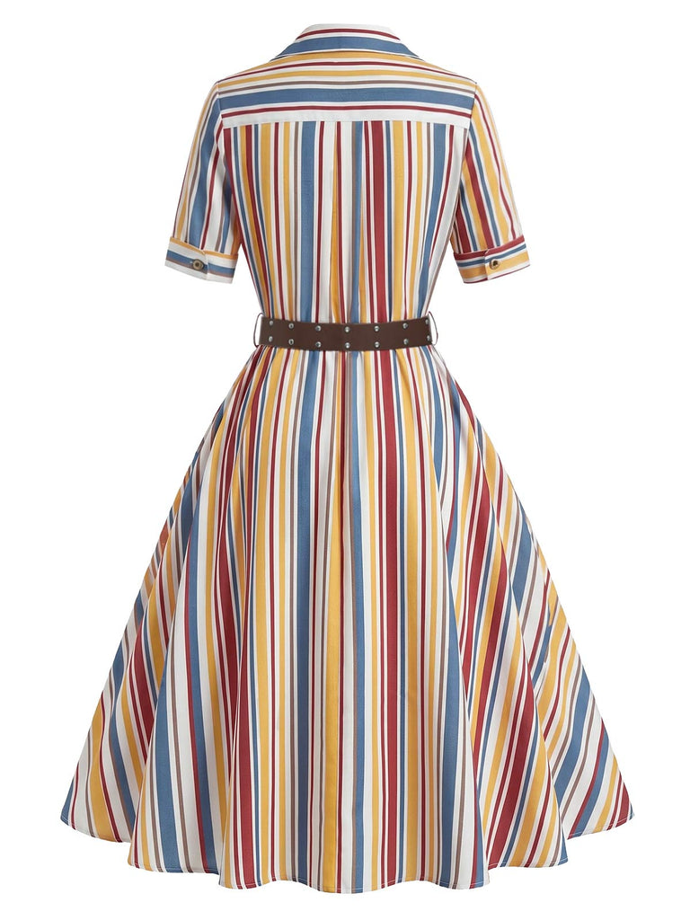 [Prévente] Robe Chemise à Rayures Verticales avec Boutons et Ceinture Années 1930