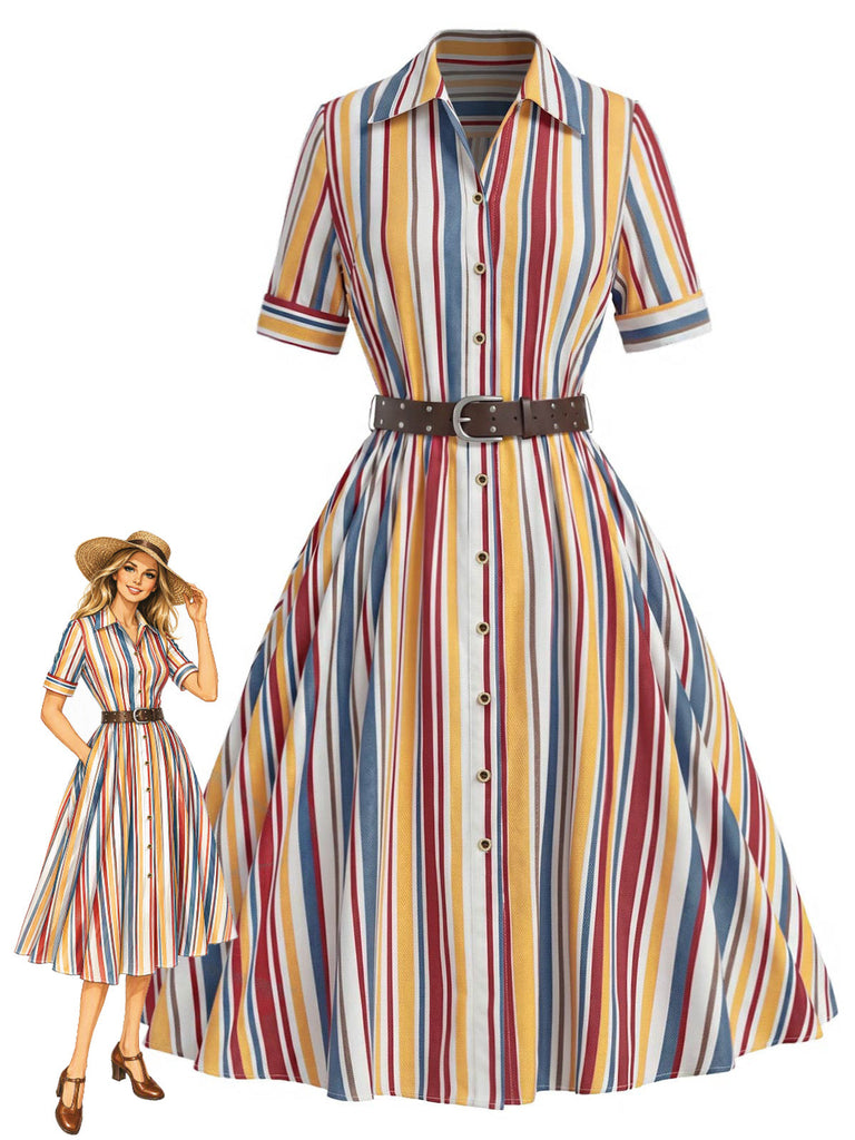 [Prévente] Robe Chemise à Rayures Verticales avec Boutons et Ceinture Années 1930